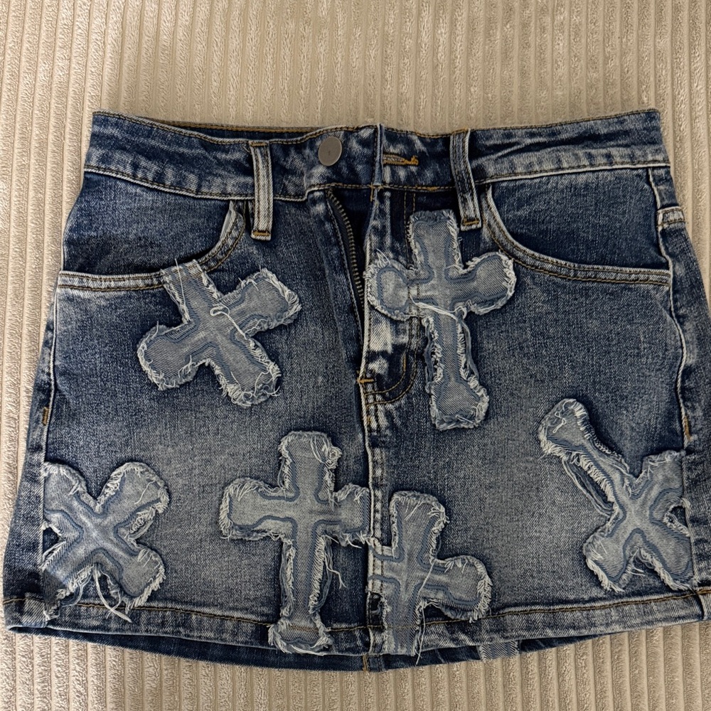 Fashion Nova Blue Denim Cross Accent Mini Skirt